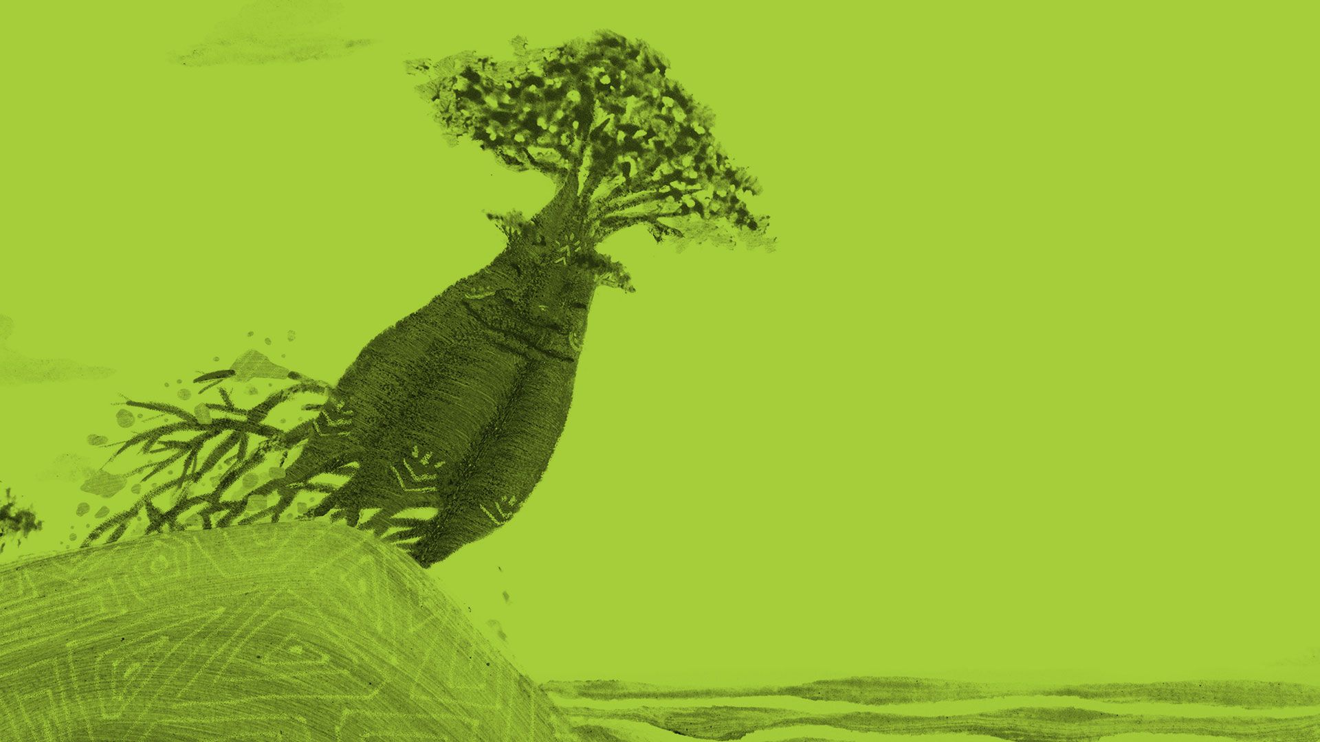 Desenho de uma árvore sobre um relevo na beira do mar. A imagem tem um filtro verde. Desenho de uma árvore sobre um relevo na beira do mar. A imagem tem um filtro verde.