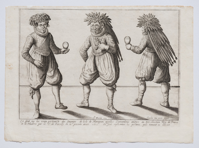 O título completo desta gravura em metal de Du Viert e Mariette, entalhada em 1613, diz: "Estes são os verdadeiros retratos dos selvagens da ilha de Maranhão chamados tupinambás trazidos ao Rei da França pelo Senhor de Razilly. Estão representados na posição que tomam enquanto dançam"